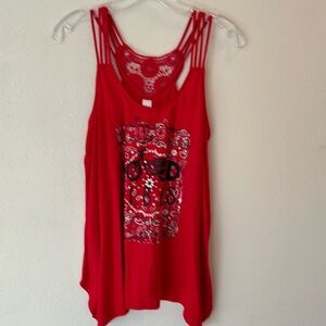 No Boundaries red tank motorcycle Good Vibes three straps knit flower design